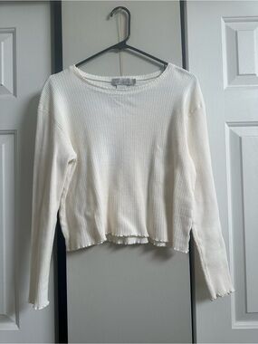 Vintage Tweeds 100% Cotton Ribbed Cream Lettuce Hem Long Sleeve Cropped Large